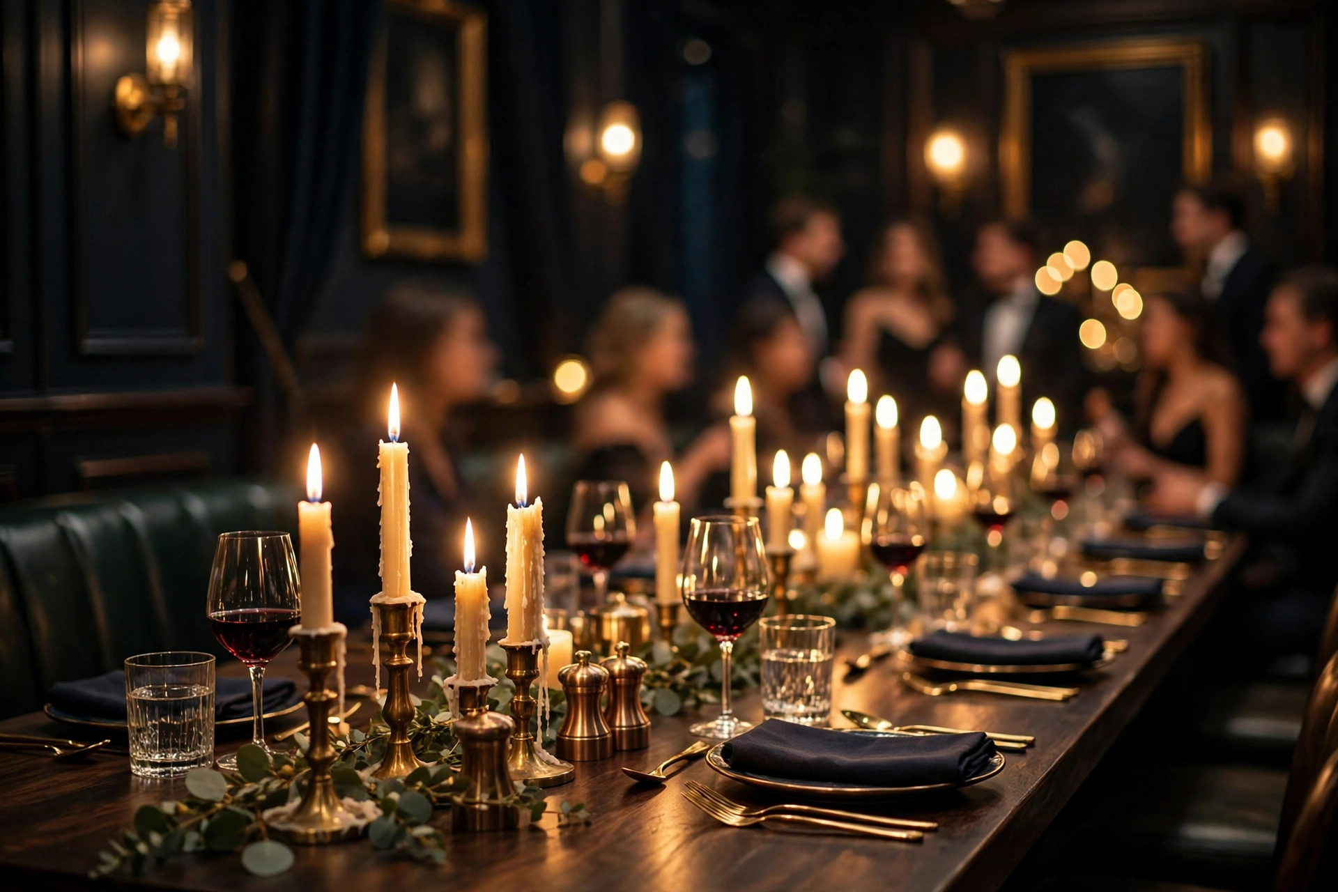 Candlelit dinner table set for twelve