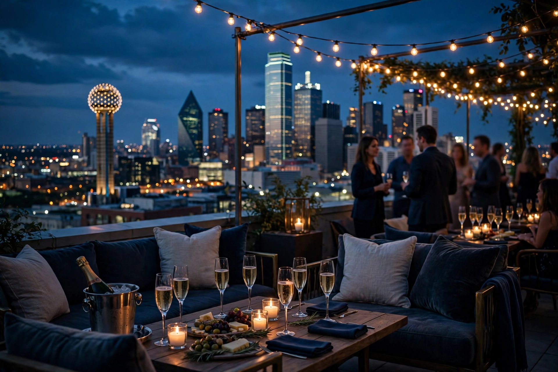Rooftop gathering at dusk overlooking the Dallas skyline