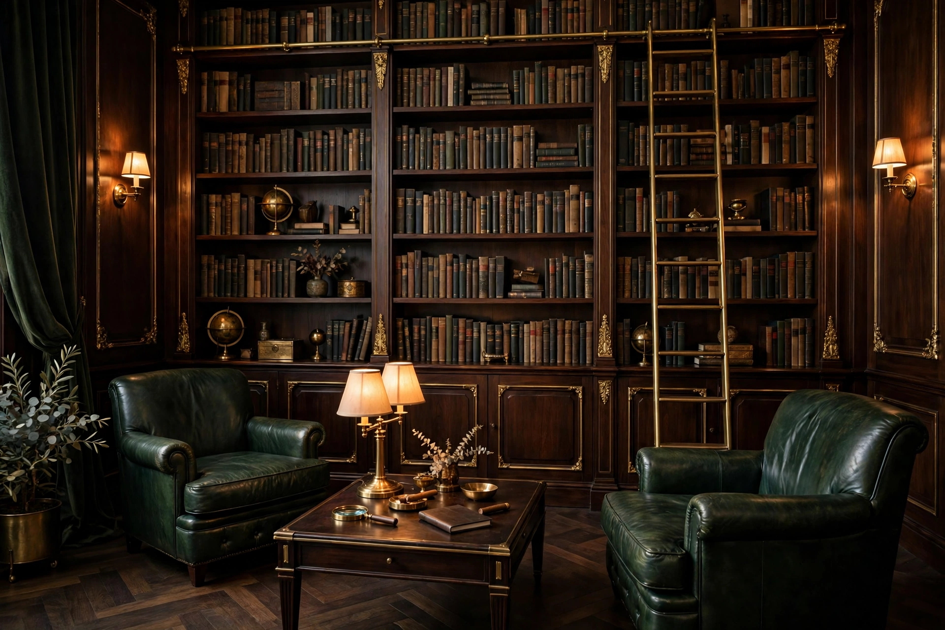 A quiet wood-panelled library lounge with leather chairs